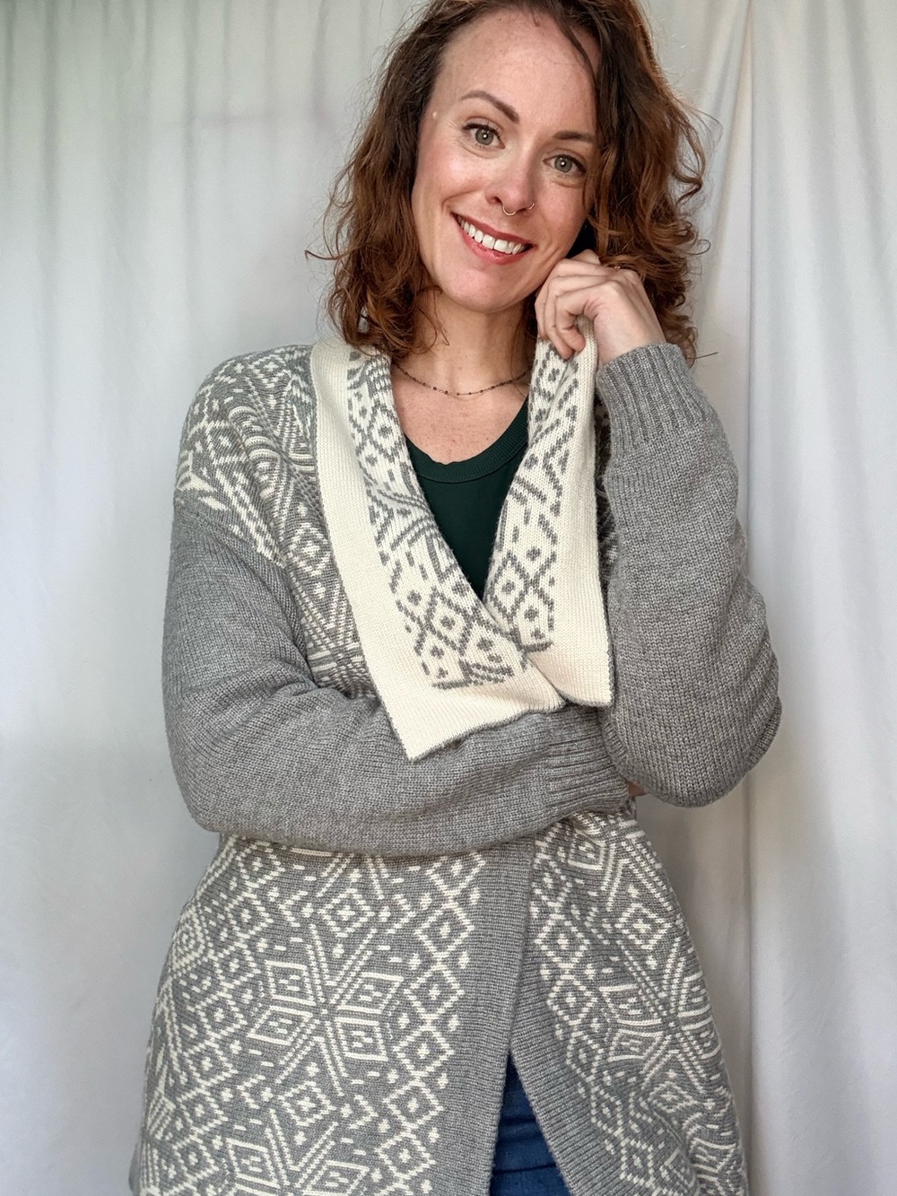 Talbots Gray and Cream Patterned Open-Front Cardigan